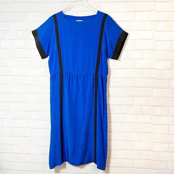 Neiman Marcus Vintage 100% Silk Royal Blue & Black Color Block Dress Size 12 - Picture 1 of 6